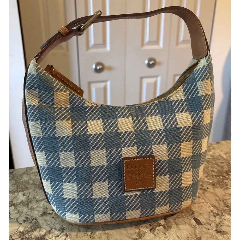 Vintage Y2K DOONEY & BOURKE Houndstooth Checkered Blue White Hobo Bag Purse VGUC